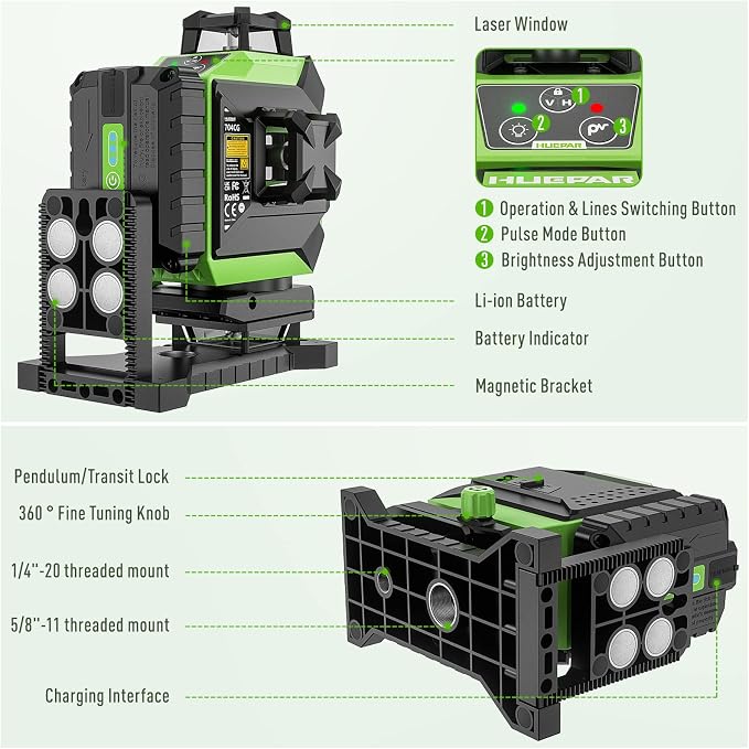 Huepar 4 x 360 Laser Level Self-leveling 4D Green Beam Cross Line 16 Lines Tiling Floor Laser Tool - 2 x 360 Horizontal/Vertical Laser Lines -rechargeable & Integrated Magnetic Bracket 704CG