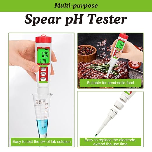 Digital Food pH Meter YINMIK pH Meter Food Fermentation with Calibration Solution Kit pH Test Strips for Food Spear Tip pH Meter Probe for Dough Sushi Rice Fermenting Sausage Meat Soap Cheese …