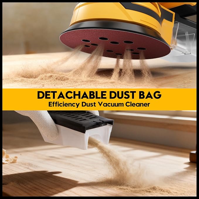 Cordless Random Orbital Sander for Dewalt 20V Battery, Brushless 5-Inch Sander with 6 Variable Speeds, 6000-12000 OPM, Dust Collection Box & 12 Sanding Discs (Battery Not Included) (Yellow)
