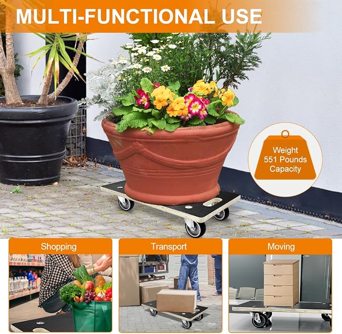 1100LB Heavy Duty Rectangle Moving Dolly Cart - 2-Pack with 3" TPR Wheels | Non-Slip 11-Layer Plywood Platform, No Assembly Needed - for Furniture, Warehouse, Home & Commercial Use