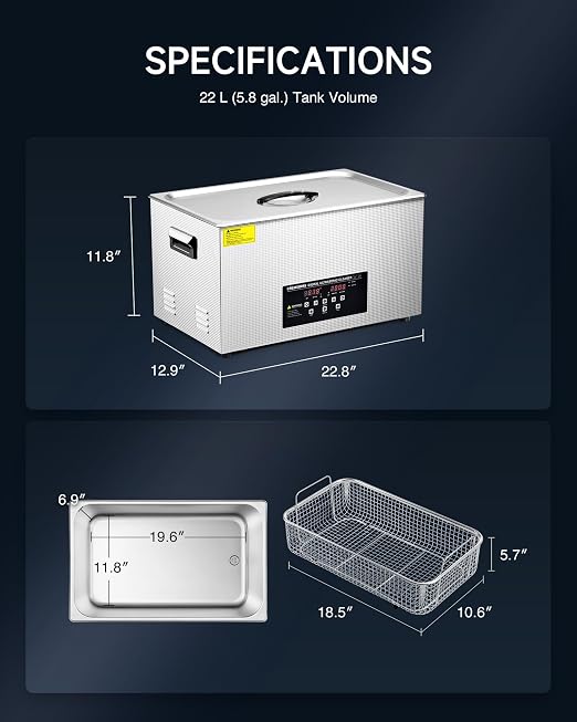 CREWORKS 22L Digital Ultrasonic Cleaner with Degas Gentle Modes, 5.8 gal. Ultrasonic Cleaning Machine, 480W Professional Ultrasound Cleaner with 600W Heater & 30 min Timer for Auto Machine Parts Tools