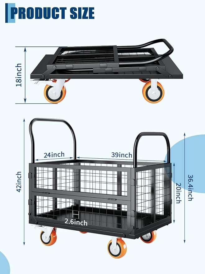 6-in-1 Collapsible Platform Truck Cart – Heavy Duty 1800lbs Capacity – Cage Design – 4 Caster Wheels (2 Locking) – Versatile Flatbed Hand Truck for Warehouse, Garage, Laundry, Grocery