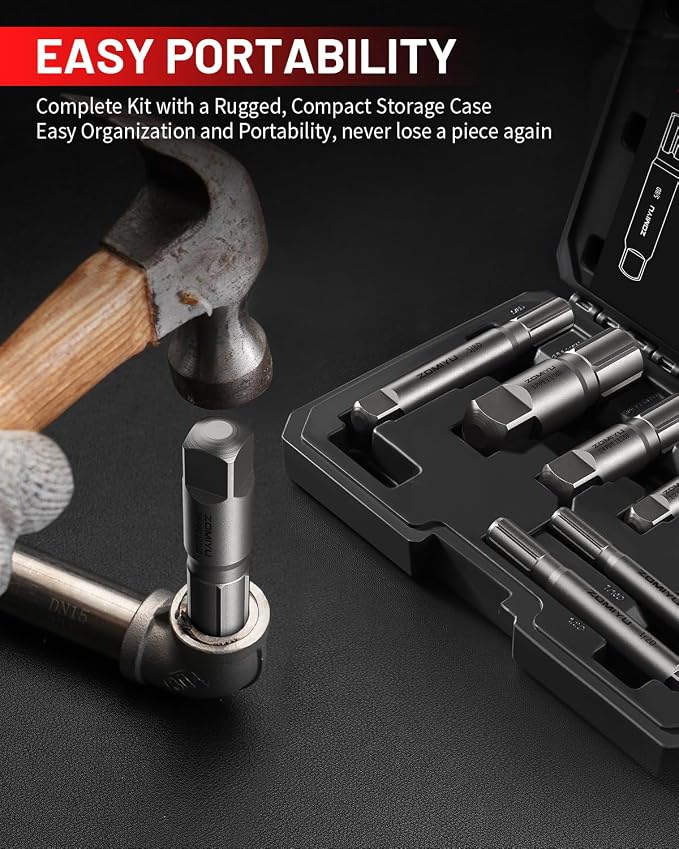 Pipe Extractor Set,Heavy Duty Steel Broken Pipe Extractors for Removing Damaged Threaded Pipes & Fittings from 1/8" to 1", with Durable Storage Case, Ideal Tools for Plumbers Mechanics DIY(9-Piece)