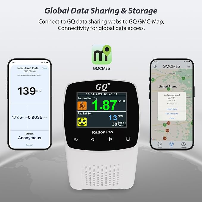 GQ Radon Detector New Version V2.0 Radon Pro 2-in-1 Radon Monitor Nuclear Radiation Detector Geiger Counter simultaneously Detection Fast Accurate Color Simple Display Made in USA