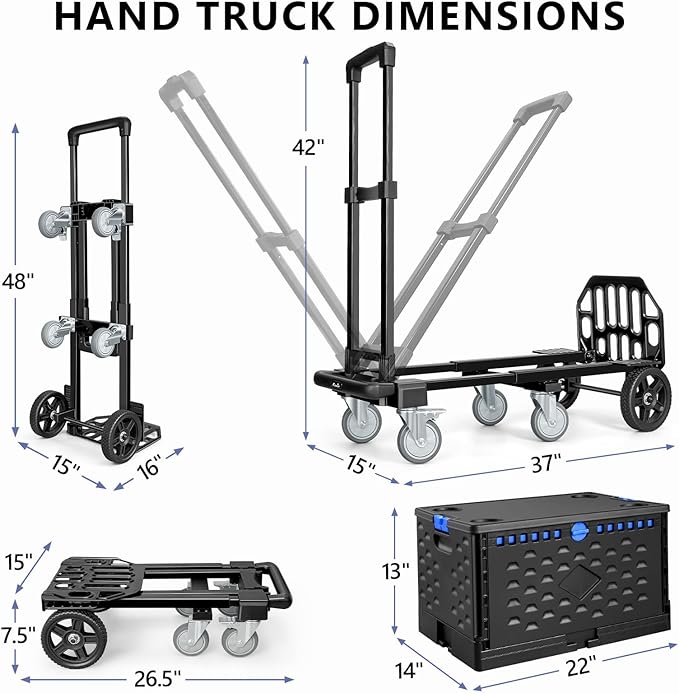 KEDSUM 4-in-1 Convertible Dolly Cart with Folding Crate, 600LBS Heavy Duty Hand Truck Dolly, Hand Truck with Adjustable Handle Angle & Expandable Base for Home,Warehouses,Dorm, Collapsible