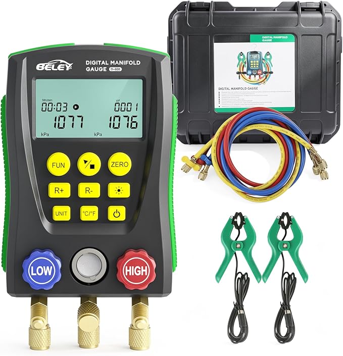 BELEY Digital Manifold HVAC Gauge Set,93 Refrigerants Dual Pressure&Temp Test with Temperature Clips and Hoses Vacuum AC Gauges for R1234YF R134A R404A R410A R32 R744(CO₂)