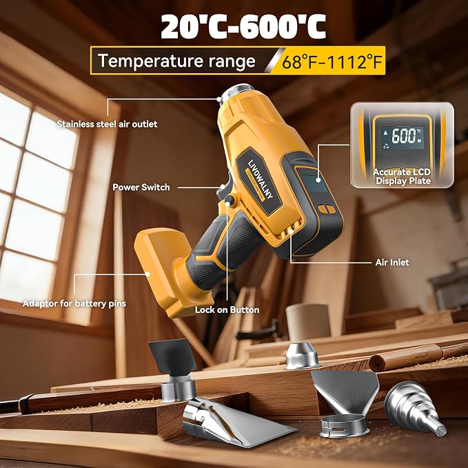LIVOWALNY Cordless Heat Gun Compatible with Dewalt 20V Battery (Tool Only) 260W High Power Hot Air Gun (68°F-1112°F) & Airflow Control Digital Display for Shrink Wrapping Crafting