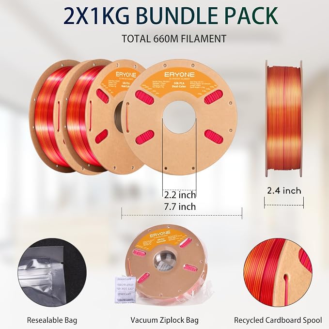 ERYONE Silk Dual Color PLA Filament 3D Printer 1.75mm +/- 0.03mm, Bicolor Filament Two Tone PLA Bundle 2KG Cardboard Spool, Red Gold