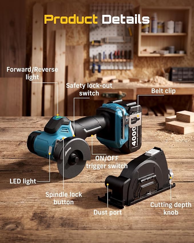 Seesii 21V Brushless 3" Cordless Cut-Off Tool with 2x 4.0Ah Batteries, 20000 RPM Mini Angle Grinder with 0.1s Safety Brake & Forward/Reverse, Cordless Cutter for Metal, Tile, Rebar