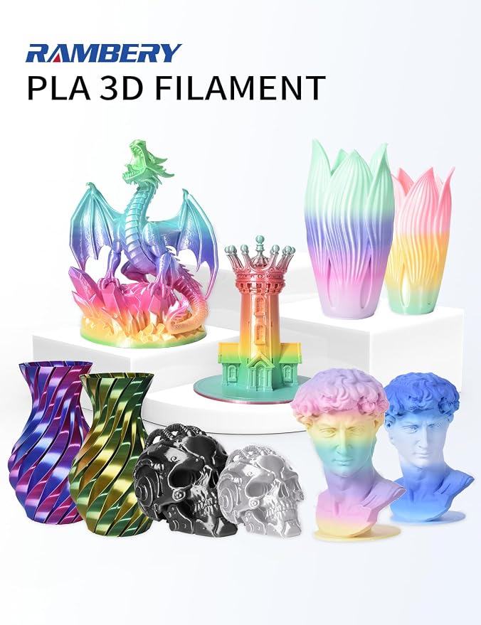 RAMBERY Tricolor PLA 3D Printer Filament Bundle 1.75mm, 250g x 4 Spools | Silk PLA, Shiny Multicolor, Triple Color Change by Angle, Toughness Upgraded