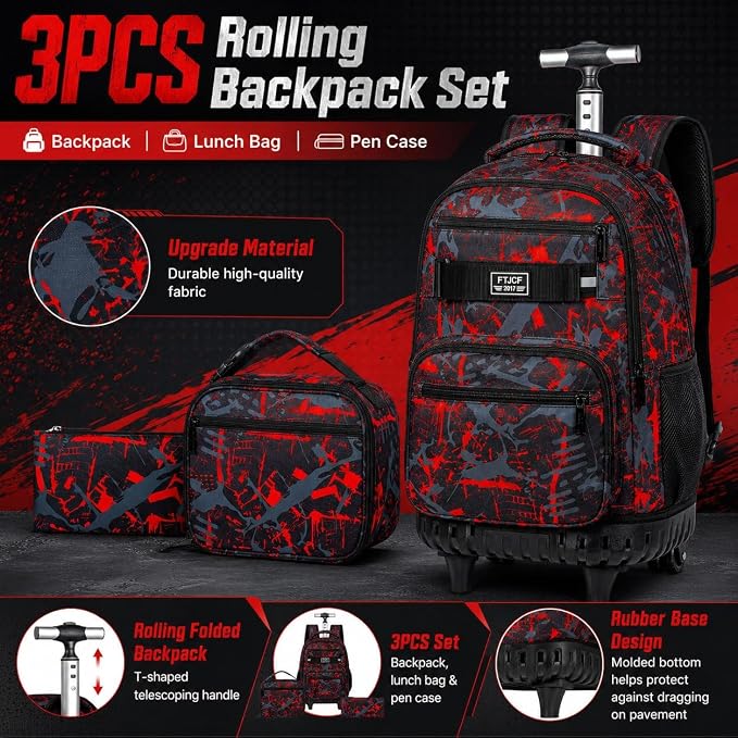 3Pcs Rolling Backpack for Boys Men, Travel Wheeled Backpacks for Adults, Teens College Roller Bookbag with Wheels for Men(Red)