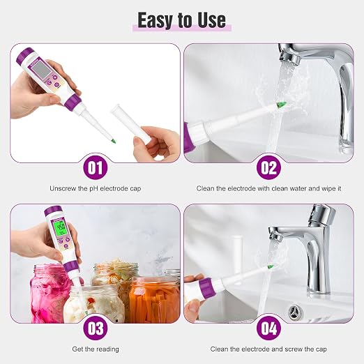 pH Meter for Food, Digital Electronic pH Tester for Fermentation, 3 * 50ml pH Calibration Solution Kits Hot Sauce, Food Tester Probe for Cheese, Sourdough, Salsa, pH Test Strips for Acidity