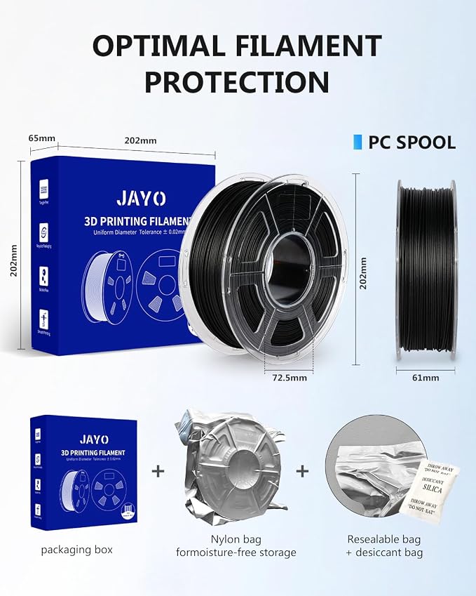 JAYO PA12-CF Nylon Carbon Fiber Filament 1.75mm, Superior Toughness, Low Moisture Absorption, Heat Resistant to 176°C, Durable & Precise Printing for Aerospace & Industrial Use 1kg Spool