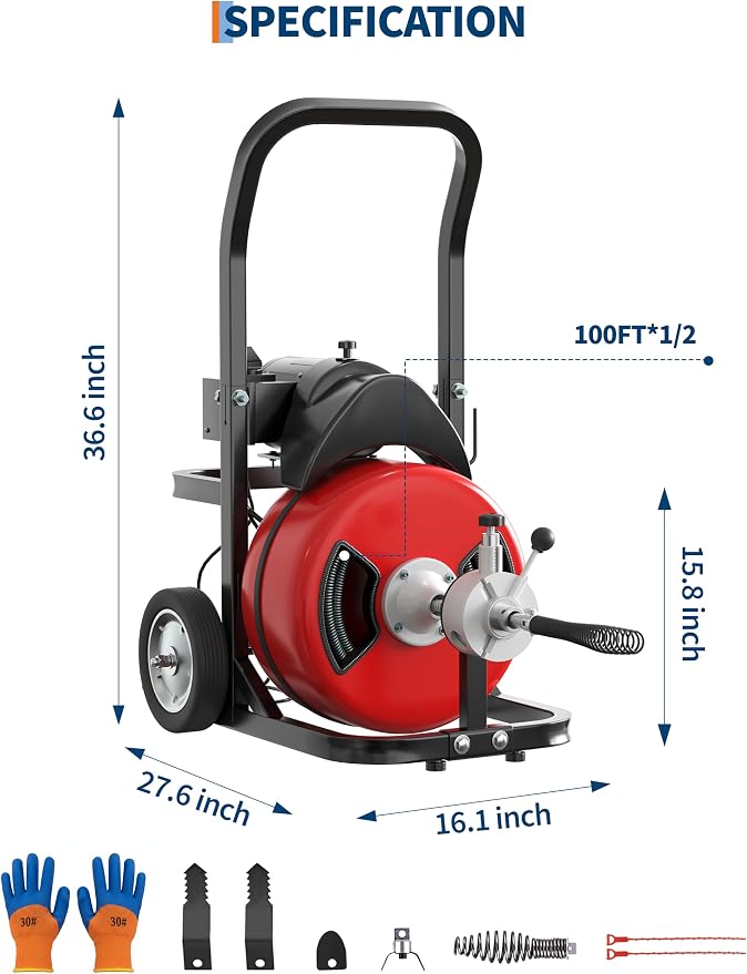 Drain Cleaner Machine 100FT x 1/2 Inch Steel Core Cable Portable 370W Electric Drain Cleaning Machine With Sewer Auger, Cutter, Air-activated Foot Switch, Wheels for Commercial, Home