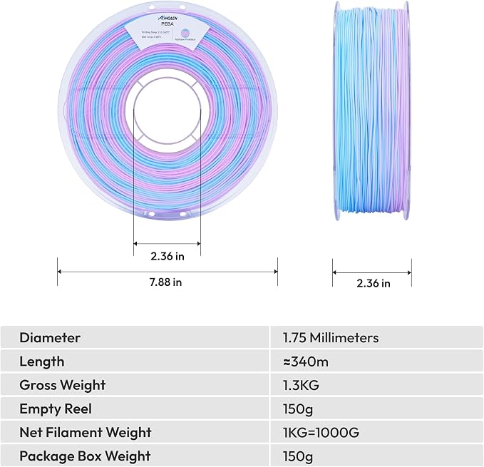 Amolen Rebound PEBA 90A Flexible Filament Rainbow, 1.75mm 3D Printer Filament, 78% Energy Return & 20% Lighter, High-Speed Printing Lightweight for Sports & Robotics, Pink Blue 1kg