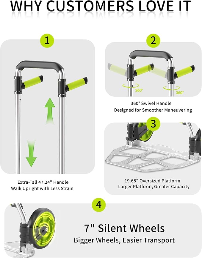 Leeyoung Folding Hand Truck and Dolly,309 lb Capacity Aluminum Portable Cart with Telescoping Handle and PP+EVA Wheels