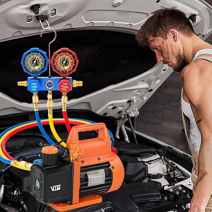 VTG VOGTEN 4.5 CFM AC Vacuum Pump and Gauge Set,for Mini Split/HVAC/Auto Systems,Manifold Gauge Kit Compatible with R22, R32, R134a,R410a,Includes 3 Hoses,2 R134a Can Tap,Upgraded Trifold Storage Case