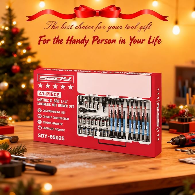 41-Piece Premium 1/4" Drive Magnetic Impact Nut Driver Set Metric & SAE Standard & Deep with Socket Adapters, 2-in-1 Ratchet Wrench, Wing Nut Driver, Universal Sockets, Quick Release Bit Holder