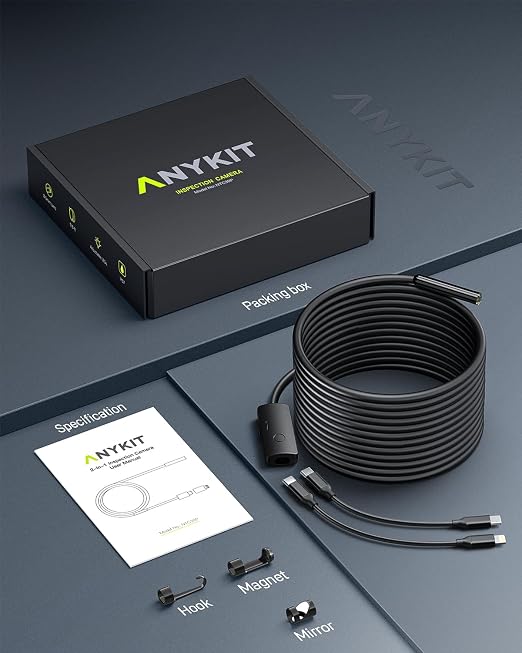 Anykit Endoscope Camera with Light, 1920P HD Borescope with 8 Adjustable LED Lights, Semi-Rigid Snake Camera with Light, IP67 Waterproof Inspection Cam for iPhone & Android, 16.5 ft Single Lens