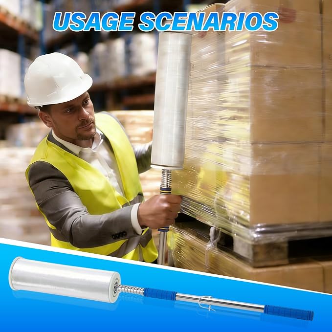 Stretch Wrap Dispenser丨48 Inch Long Handle Pallet Wrap Tool丨Fits 12"-19" Film Rolls with 1.5"-3" Core丨Heavy Duty Aluminum Stretch Film Holder for Warehouse Shipping Packaging(Film Not Included)