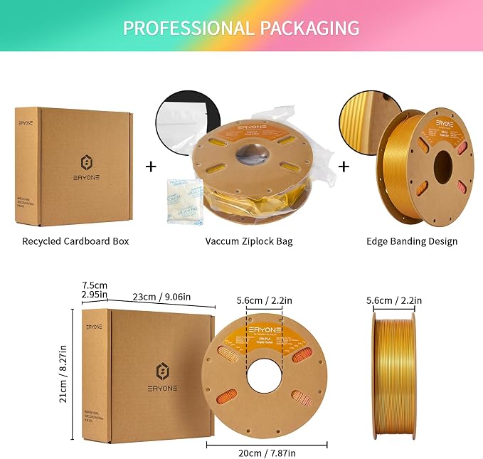 ERYONE Silk Tri Color PLA Filament 3D Printer 1.75mm +/- 0.03mm, Multicolor Filament Tricolor PLA 1KG(2.2lbs) Cardboard Spool, Turquosie&Reddish Orange&Gold