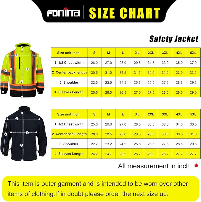 FONIRRA High Visibility Safety Jackets for Men 3-in 1 Hi Vis Reflective Winter Jacket Waterproof ANSI Class 3