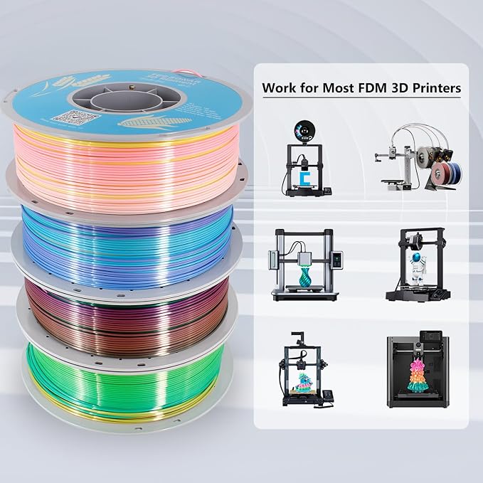 Silk Rainbow PLA 3D Printer Filament, 4 Rolls,1KG Spool(2.2lbs) 1.75mm 3D Printing Multicolor Gradient Filament Bundle for Most FDM 3D Printers,4 Different Silk Rainbow Colors