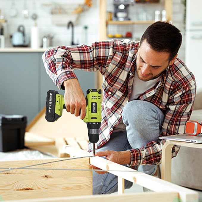 FADAKWALT Cordless Drill Set, 20V Electric Power Drill with Battery And Charger, Torque 30N, 21+1 Torque Setting, 3/8-Inch Keyless Chuck, LED Work Light, Complete Drill & Driver Bits Kit(green)
