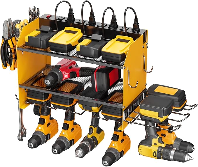 CCCEI Modular Power Tool Organizer Wall Mount Charging Station, Yellow 6 Drills Holder with 8 Plug Power Strip 10FT, Garage Drill Battery Heavy Duty Metal Shelf, Utility Rack with Hooks, Side Storage.