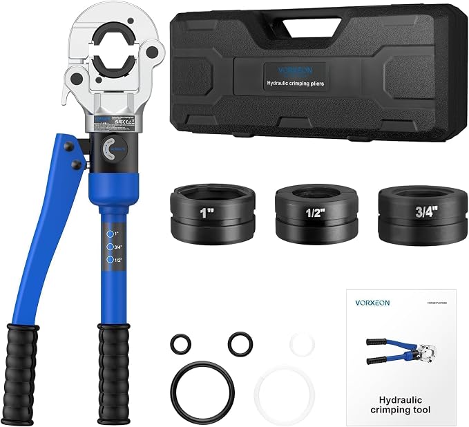 Copper pipe Pro press crimper 8 Ton Hydraulic Tube Fittings Crimping Tool with Vus Dies 1/2", 3/4", 1", 360° Rotating Head Storage Case For Plumbers, Electricians, HVAC Techs