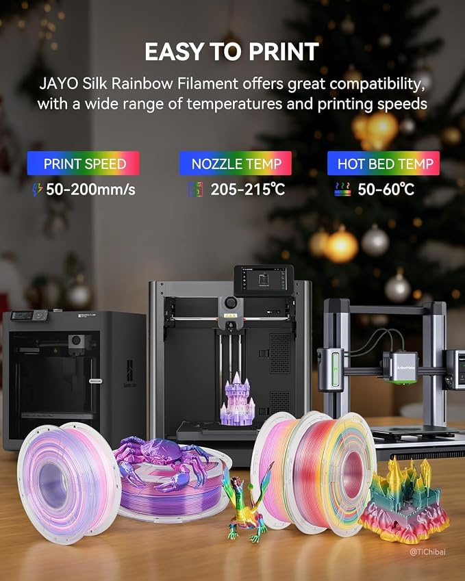 JAYO Silk Rainbow PLA Filament 1.75mm 1.1kg, Multicolor Gradient Shiny PLA, Color Changes Every 8 Meters in Blue-Purple-Magenta, High Gloss Smooth Finish, Fits for Most FDM 3D Printers
