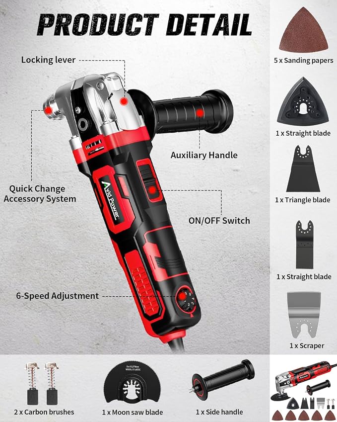 AVID POWER Oscillating Tool, 3.5-Amp Oscillating Multi Tool with 4.5° Oscillation Angle, 6 Variable Speeds and 11 pcs Saw Accessories, Auxiliary Handle