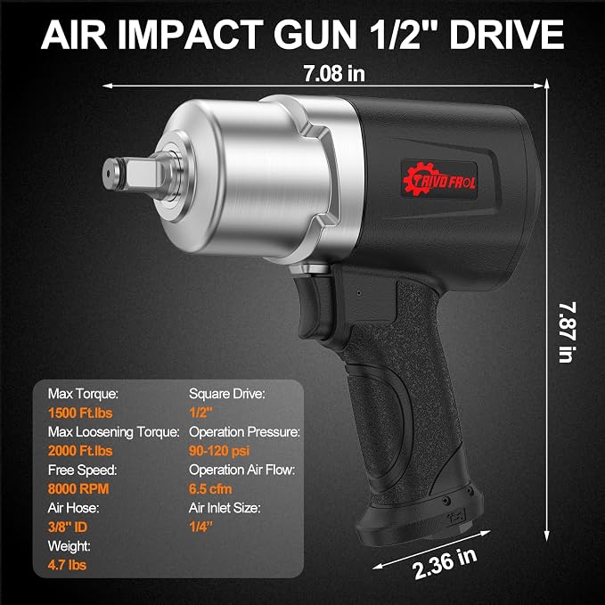 Trivd Frol Air Impact Wrench 1/2" - 1/2 Inch Impact Gun 1/2 Drive, 1500Ft-lbs, 8000RPM High Torque Impact Wrench, Weight 4.74 lb, 1/2 Air Impact Gun for Auto Repair, Tire Shop