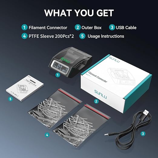 Filament Connector, SUNLU Official Splicer with 400Pcs PTFE Sleeves for 3D Printer Filament 1.75mm, Compatible with PLA PETG TPU ABS PA Nylon