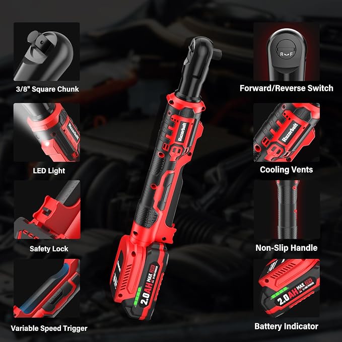 20V 3/8" Cordless Electric Ratchet Wrench Set, 88 Ft-lbs(120N.m), 500 RPM | 2PCS 2000mAh Batteries, Variable Speed, LED Light, 5 Sockets, 1/2" Adapter, 3" Extension Bar