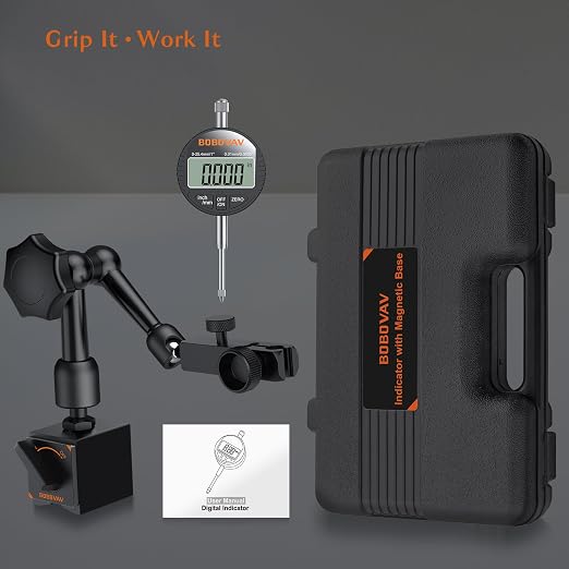 Digital Dial Indicator with Magnetic Base Set, 0-1inch/ 25.4mm Range, 0.0005inch/ 0.01mm, 90Lbs/40kg Stand with Plastic Storage Box for Machining Calibration Inspection