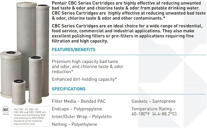 Pentair Pentek CBC-10 Carbon Block Water Filter, 10" x 2.5", Bonded Powdered Activated Carbon (PAC), 0.5 Micron, 20,000 Gallon Capacity, Pack of 2