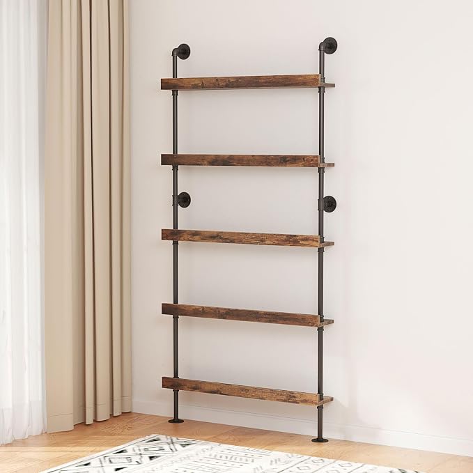 5-Tier Wall Mounted Wine Rack, Floating Bar Shelves, Liquor Bottle Shelf Display, Holds 30+ Bottles, Space Saving (31.5" W x 79" H)