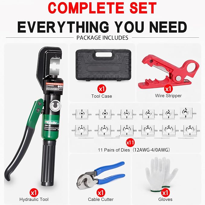 10-Ton Hydraulic Crimping Tool Kit with Cable Stripper, 12 AWG–4/0 AWG Heavy Duty Cable Crimper & Radial Wire Stripping Tool, Precision Hex Dies for Battery Cables, Electrical Lugs & Wire Rope