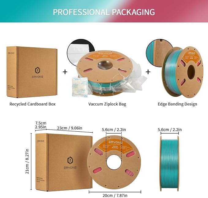 ERYONE Silk Dual Color PLA Filament 3D Printer 1.75mm +/- 0.03mm, Bicolor Filament Two Tone PLA 1KG(2.2lbs) Cardboard Spool, Teal&Orange Red