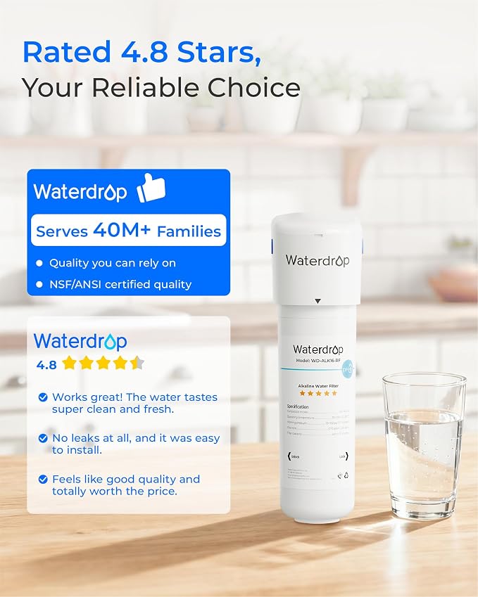 Waterdrop ALK16 Alkaline Water Filter System for Sink, Mineralizing Water | 3/8" Quick Connect, Compatible with G3 Series & G5 Series & K6 RO Systems, NSF/ANSI 372 Certified, Under Sink Installation