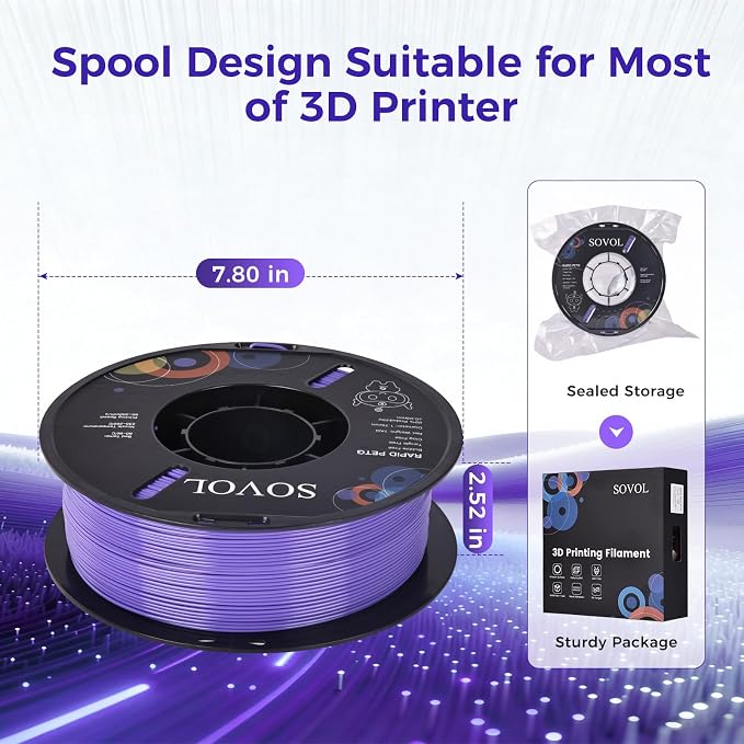Sovol 3D Printer Rapid PETG Filament 1.75mm 1KG (2.2lbs), High Precision, Strong Toughness, Wiring Tightness, Dimensional Accuracy +/- 0.03 mm, 3D Printing High Speed PETG Filaments, Lavender Purple