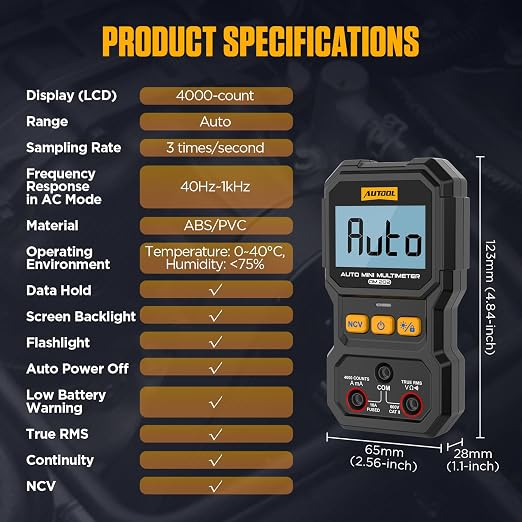 AUTOOL Digital Multimeter, Multi Meter 4000 Counts True RMS Auto-Ranging, NCV, Voltage/Resistance/Continuity/Current Tester
