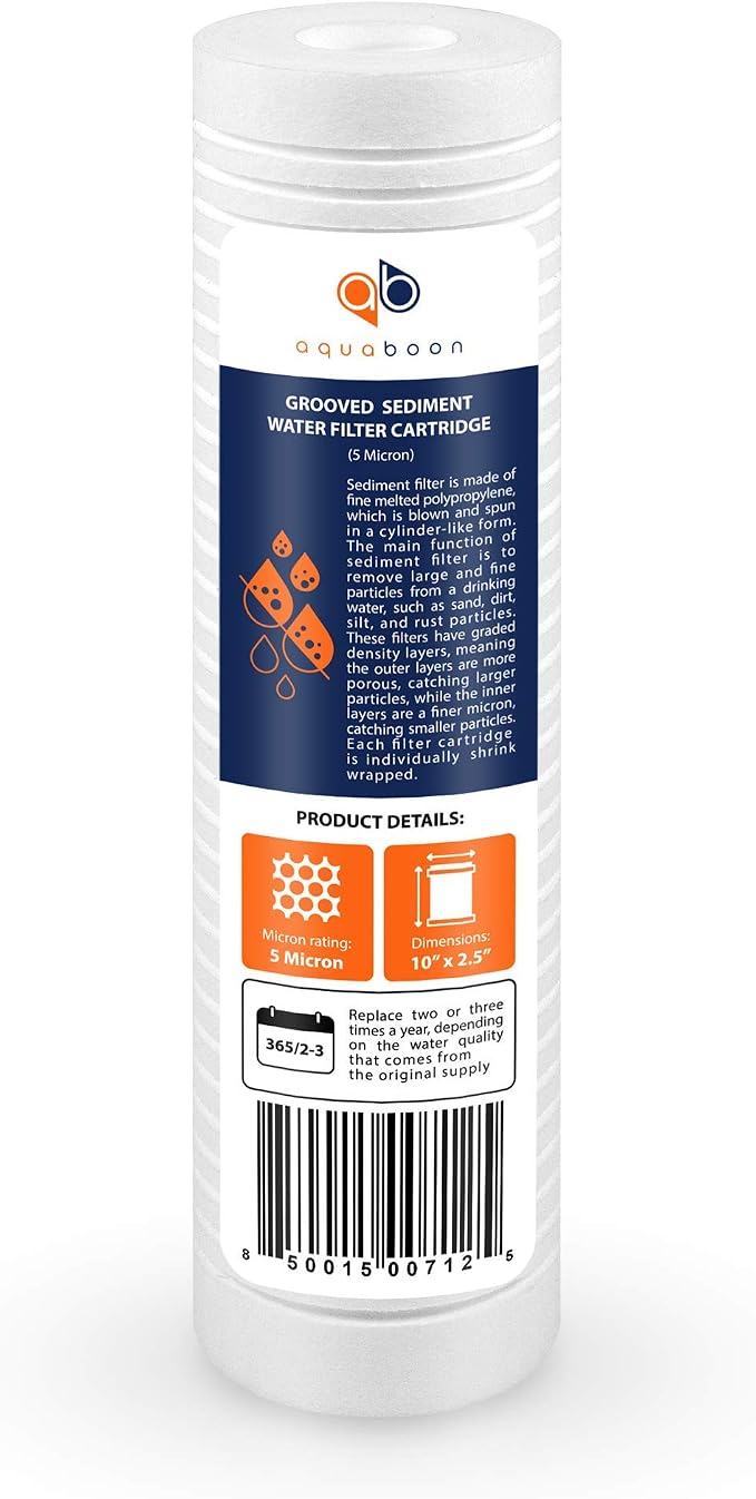 Aquaboon 5 Micron 10 x 2.5 Grooved Sediment Water Filter Replacement for Whole House Filter Cartridge Compatible with AP110, WHKF-GD05, CFS110, 50-Pack