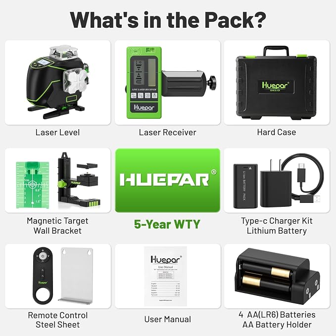 Huepar Laser Level 360 Self Leveling, S04CG 4x360° Green 4D Cross Line Laser with LCD Screen with Receiver -Pulse Mode, Bluetooth, Remote Control, Rechargeable 16 Lines Laser Tool for Construction