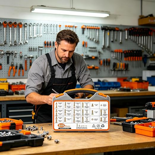 859PCS Grade 8 SAE Bolt Assortment Kit with Storage Box, Heavy-Duty Yellow Zinc Plated Alloy Steel Hex Bolt Set, Nuts with Flat & Lock Washers (1/4-20,5/16-18,3/8-16,1/2-13) for Home Improvement