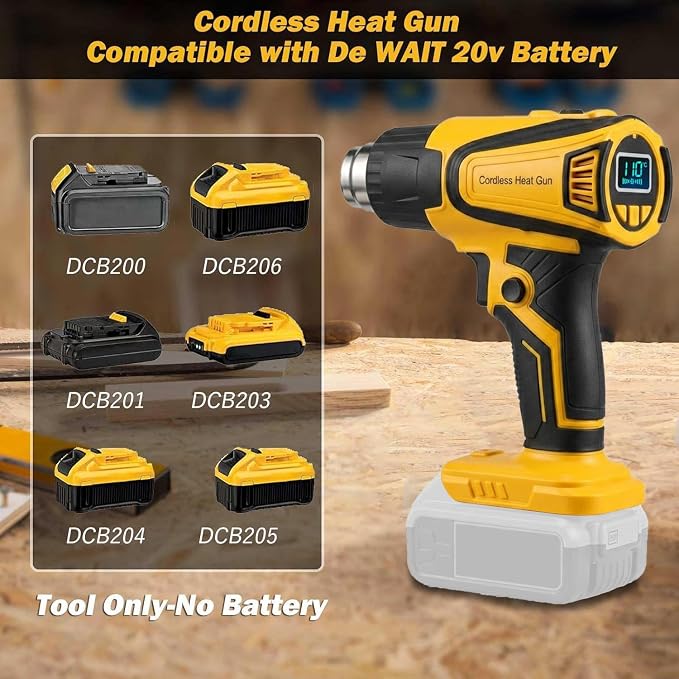 Cordless Heat Gun Compatible with Dewalt 20V Battery,Adjustable Temp 120℉–1110℉,LED Light,Portable Hot Air Gun LCD Digital Display & 4 Nozzles For Shrink Tubing (Tool Only, Not Made by Dewalt)
