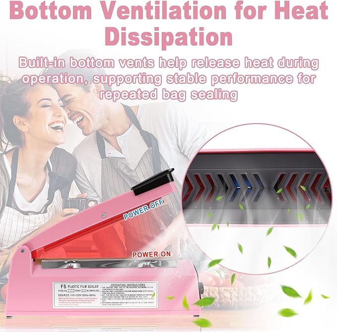 8 Inch Impulse Sealer, Manual Heat Sealer Machine for Mylar Bags, Shrink Wrap Bag Sealers Sealing Machine for Plastic PE PP Bags with 3 Free Replacements Kit Element Grip, Pink