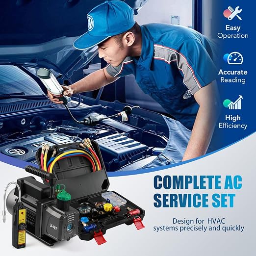 PB Motor TECH 4.5CFM 1/3HP Vacuum Pump with 4-Way AC Manifold Gauge Set for R134a R22 R410a - Includes Leak Detector, Puncture Can Tap, and More