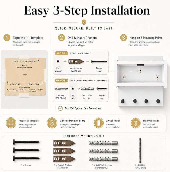 Floating Shelf with Drawer & Hooks, Entryway Organizer with Sensor Light | Italian Wood Veneer, Hidden Drawer, 4 Matte Black Hooks & Warm Sensor Light for Mail, Keys, Wallets, Coats & Daily Essentials